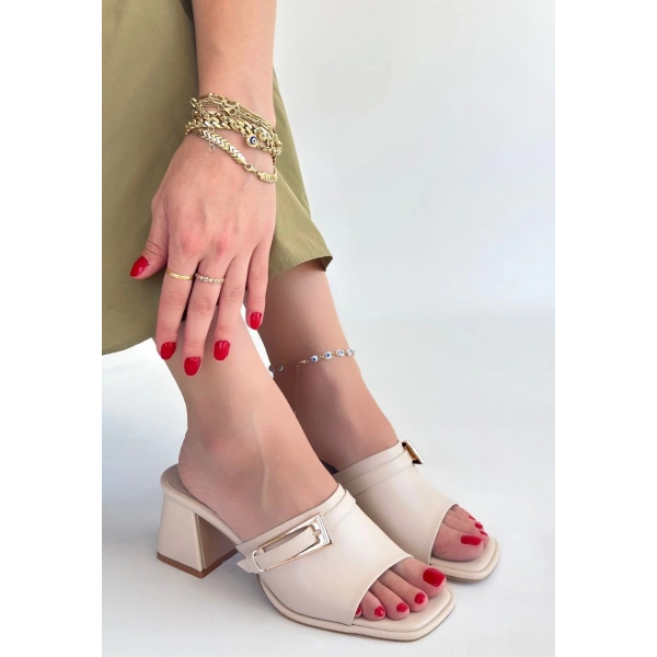 BİÇOMİ Ziva Bej Cilt Topuklu Terlik