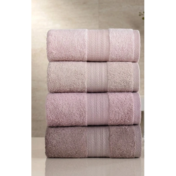 Bicomi %100 Pamuklu Yumuşak Dokulu & Yüksek Emici 4’lü El ve Yüz Havlusu Seti (50x85 cm - Pudra)