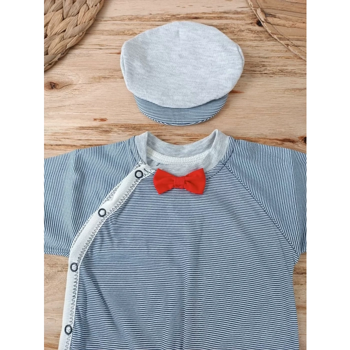 0-3 3-6 Ay Papyonlu Çizgi Desen Çıtçıt Kapama Kasketli Erkek Bebek Tulumu Lacivert