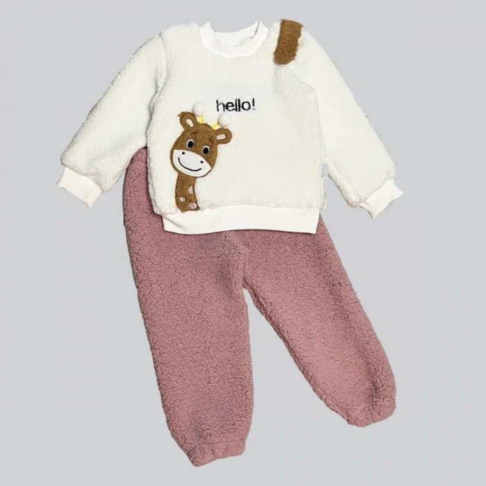 1-2-3 Yaş Hello Zürafa Nakışlı Kuzu Kumaş Sweat Pantolon Uzun Kollu Kız Erkek 2 Li Takımı Gül Kurusu