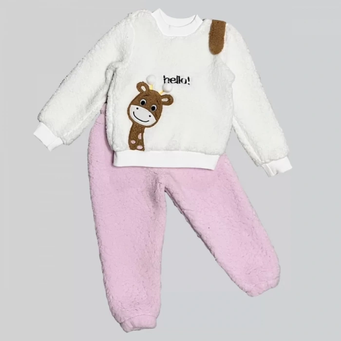 1-2-3 Yaş Hello Zürafa Nakışlı Kuzu Kumaş Sweat Pantolon Uzun Kollu Kız Erkek 2 Li Takımı Pembe