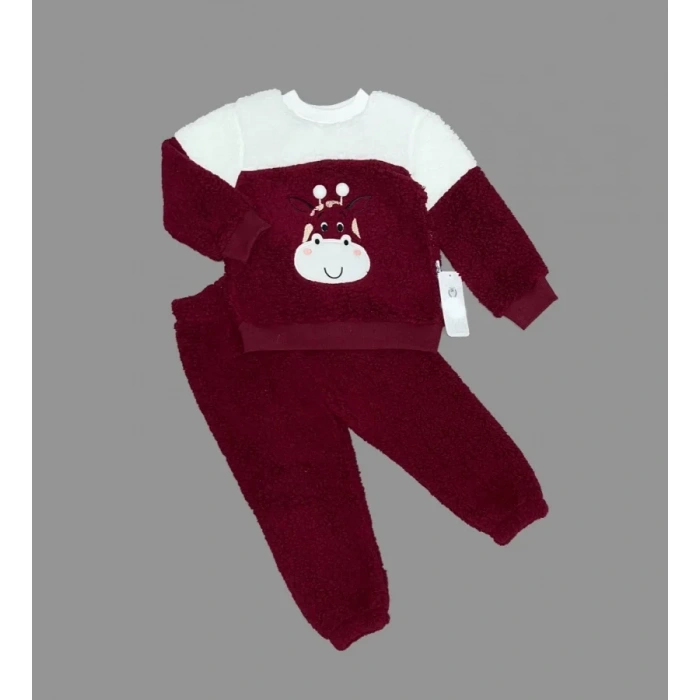 1-2-3 Yaş Ponponlu Zürafa Desenli Kuzu Kumaş Uzun Kollu 2li Kız Erkek Çocuk Takımı Bordo