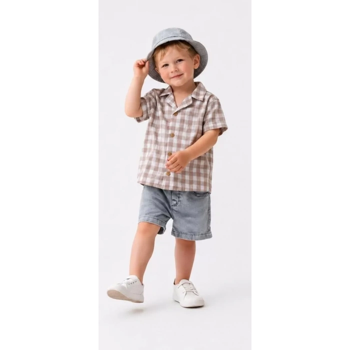 2/6 Yaş Denim Şapkalı Şortlu 3lü Çocuk Takımı