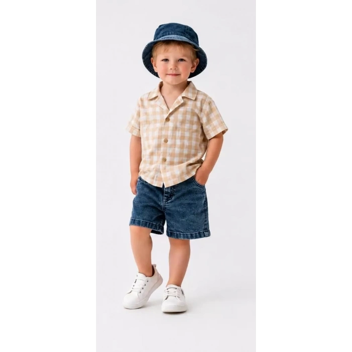 2/6 Yaş Denim Şapkalı Şortlu 3lü Çocuk Takımı