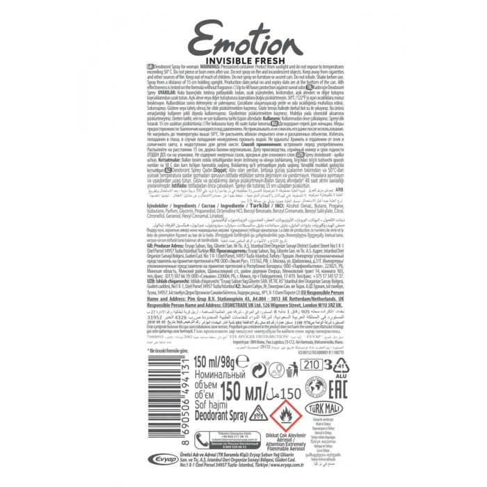 2 Adet Emotion Invisible Fresh Black & White Kadın Deodorant 150ml Vegan, Leke Bırakmaz