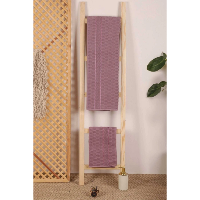 2 Parça Banyo Havlu Takımı %100 Pamuklu Çubuk Desen Mor