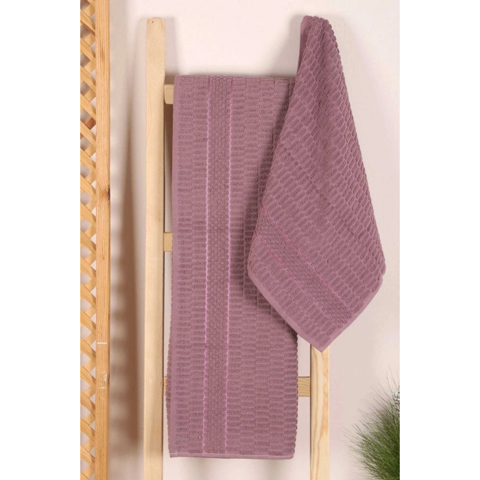 2 Parça Banyo Havlu Takımı %100 Pamuklu Çubuk Desen Mor