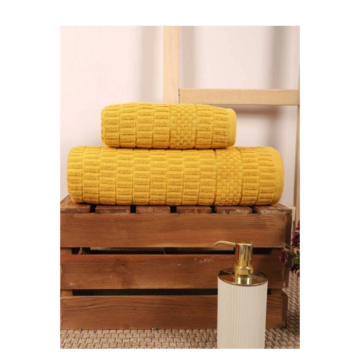 2 Parça Banyo Havlu Takımı %100 Pamuklu Çubuk Desen Sarı