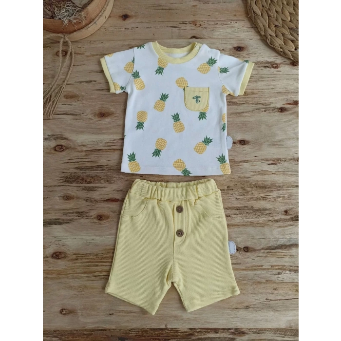 3-6 6-9 9-12 Ay Ananas Baskılı Şort Tişört 2 Li Kız Erkek Bebek Takımı Sarı