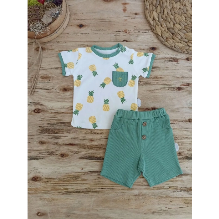 3-6 6-9 9-12 Ay Ananas Baskılı Şort Tişört 2 Li Kız Erkek Bebek Takımı Yeşil