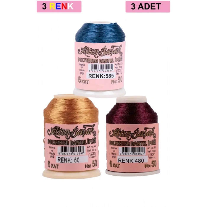 3 Adet Altınbaşak Oya ve Dantel İpi 20 gr - Biçomi - No: 050 - 480 - 585