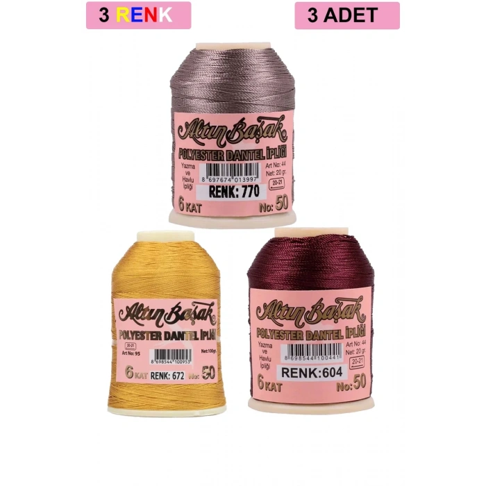 3 Adet Altınbaşak Oya ve Dantel İpi 20 gr - Biçomi - No: 672 - 604 - 770