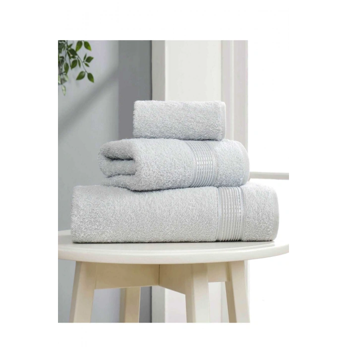 3 lü Banyo Havlusu Seti Pamuklu Ritim Açık Gri