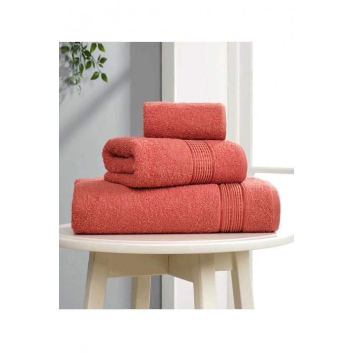 3 lü Banyo Havlusu Seti Pamuklu Ritim Kiremit