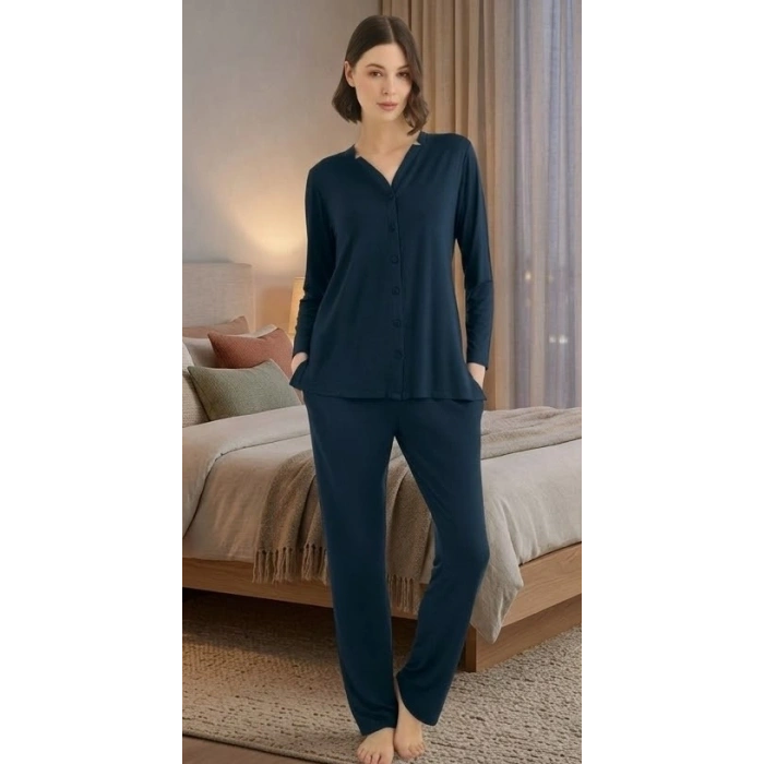 Bicomi Önden Düğmeli, Kolay Kullanım Gece Mavisi Şık Pijama Seti