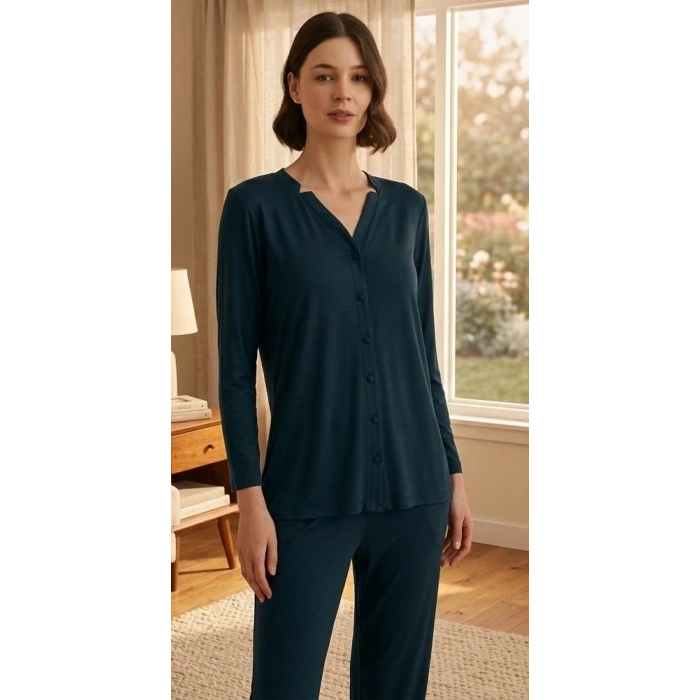 Bicomi Önden Düğmeli, Kolay Kullanım Gece Mavisi Şık Pijama Seti