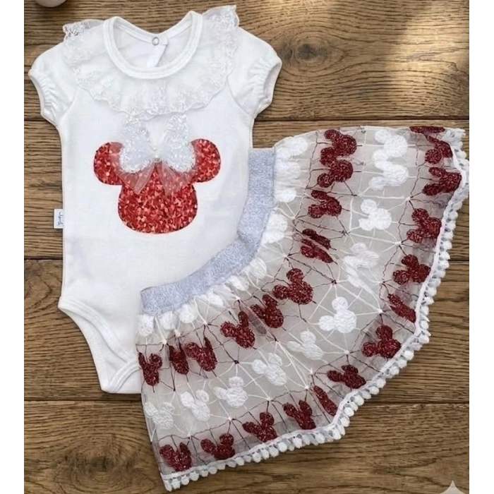 Mickey Payet Nakışlı Brode Etekli Kız Bebek Özel Gün Takımı - Kırmızı