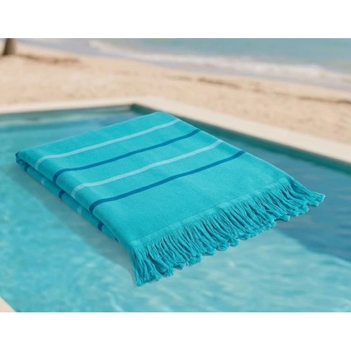 Hızlı Kuruyan, Yer Kaplamayan %100 Pamuklu Turkuaz Waves Plaj Peştemali