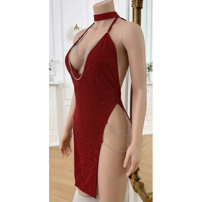 Sensual Touch: Esnek Tül Dokulu ve Ergonomik Zincir Detaylı Kırmızı Fantezi Elbise