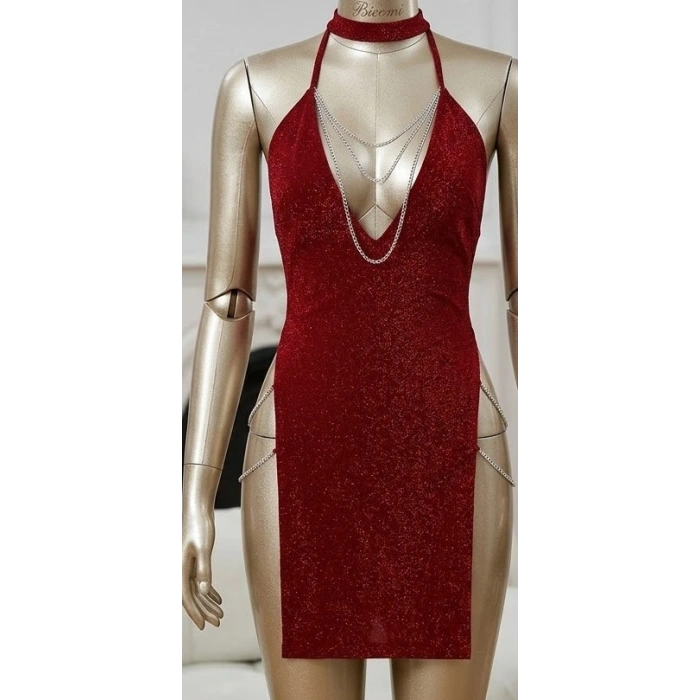 Sensual Touch: Esnek Tül Dokulu ve Ergonomik Zincir Detaylı Kırmızı Fantezi Elbise