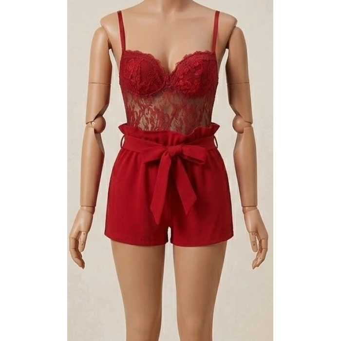 Bicomi Kırmızı Kuşak ve Dantel Detaylı Fantezi Elbise