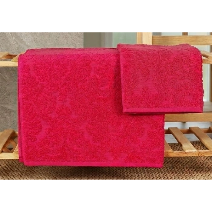 Biçomi Doku Desenli Jakarlı Banyo Havlu Takımı (Fuşya)