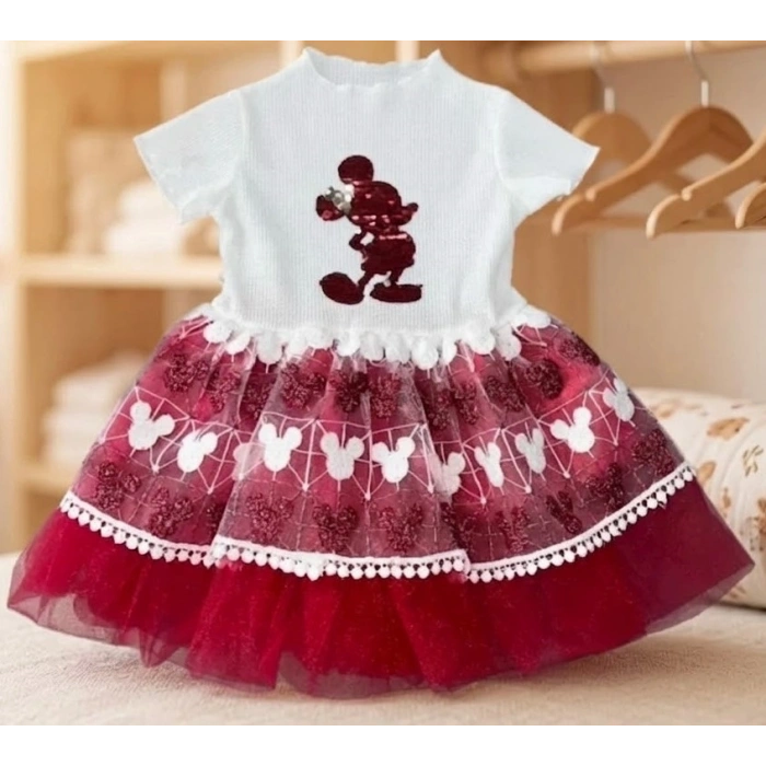 Özel Gün & Doğum Günü Temalı Pamuk Astarlı Mickey Bebek Elbisesi