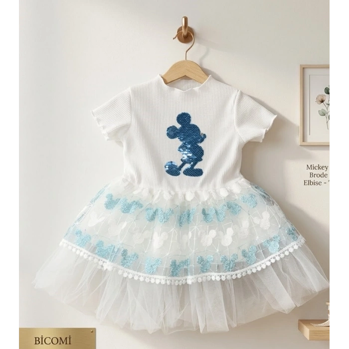 Kız Bebek Mickey Baskılı Brode Etekli Pamuklu Konfor Elbise - Turkuaz
