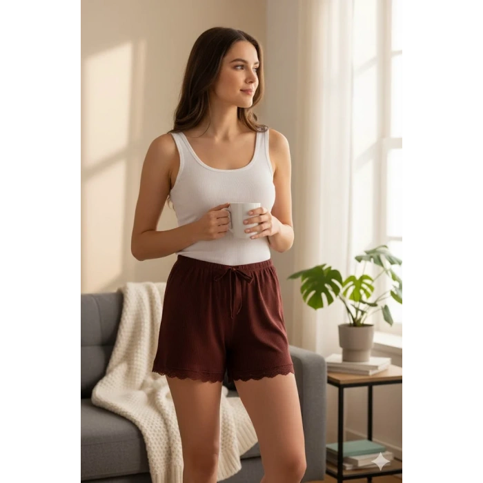 Bambu Fitilli Kadın Ev Şortu Bacak Dantel Detaylı Ev Giyim Koyu Taba