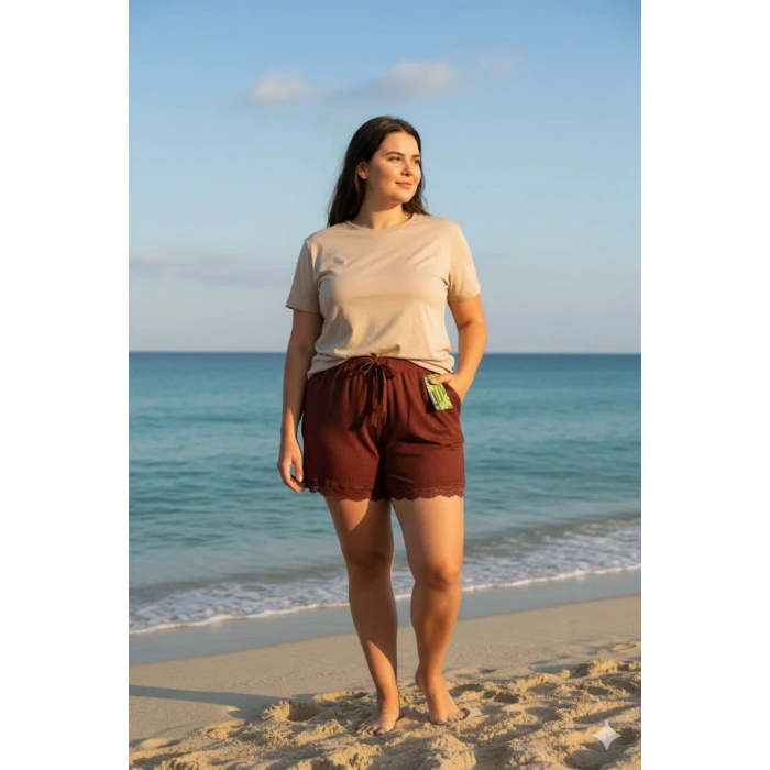 Bambu Fitilli Kadın Ev Şortu Bacak Dantel Detaylı Ev Giyim Koyu Taba