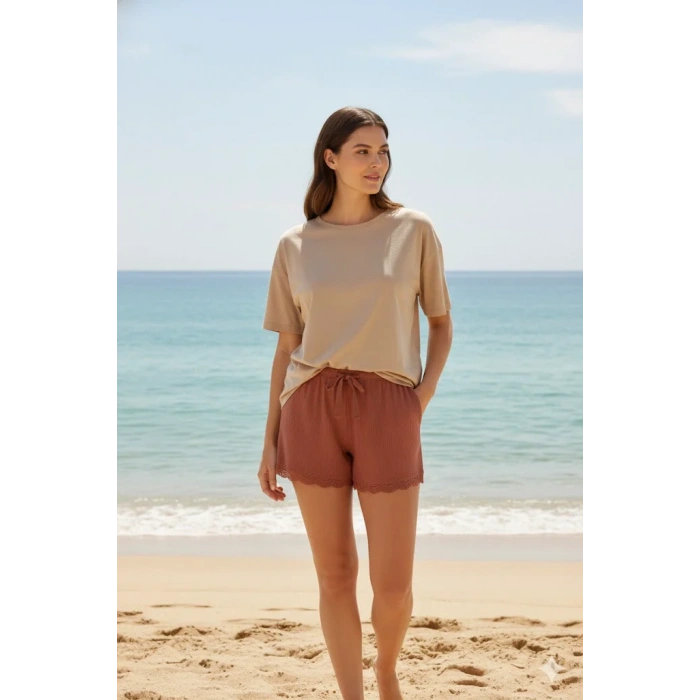 Bambu Fitilli Kadın Ev Şortu Bacak Dantel Detaylı Ev Giyim Taba