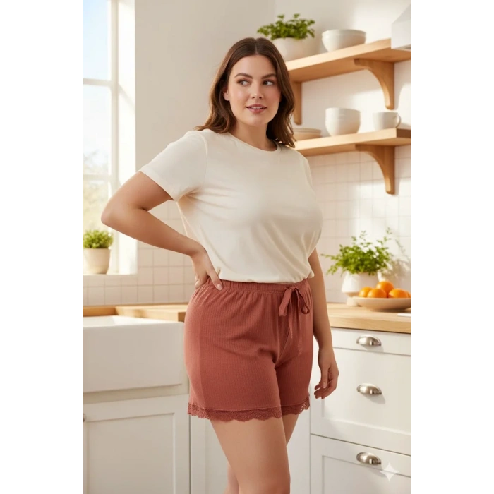 Bambu Fitilli Kadın Ev Şortu Bacak Dantel Detaylı Ev Giyim Taba