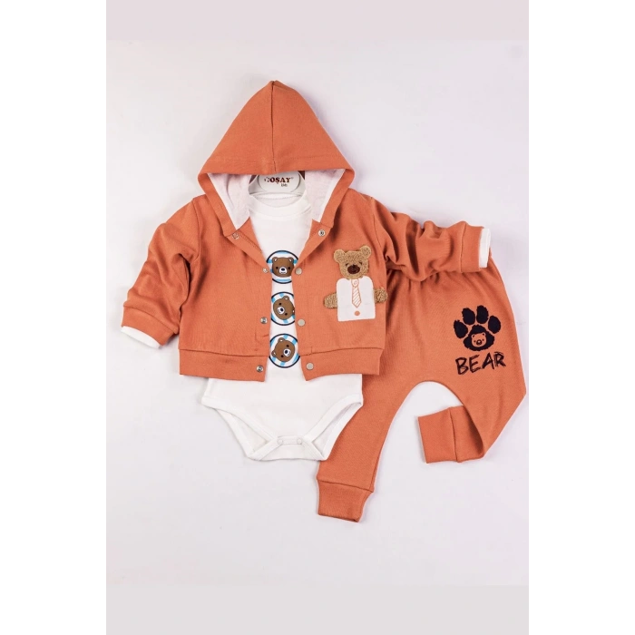 Bear Nakışlı Kapişonlu Erkek Bebek Takım