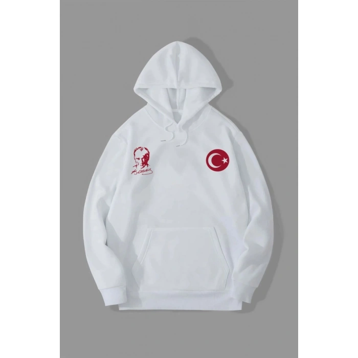 Biçomi 10 Kasıma Özel Üç İplik Kapşonlu Baskılı SweatShirt - Beyaz