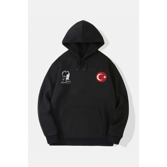 Biçomi 10 Kasıma Özel Üç İplik Kapşonlu Baskılı SweatShirt - Siyah
