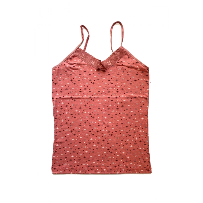 biçomi 2 Adet Kadın Askılı Desenli Atlet Dantelli Empirme Pamuklu Penye D3-4