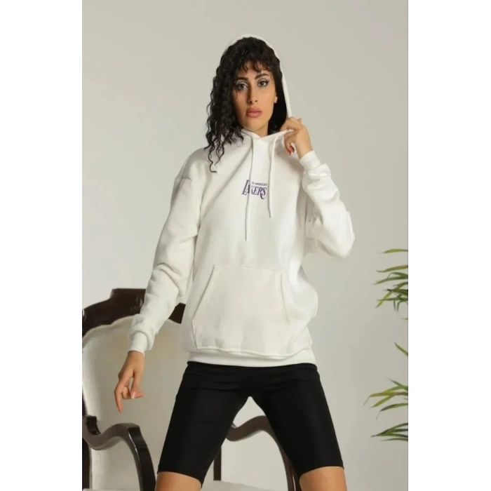 Biçomi 24 Sırt Baskılı Ovresize Üç İplik Kapüşonlu Sweatshirt - Beyaz