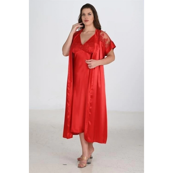 Bicomi 2li Kırmızı Sabahlık Takımı Bigsize 6226