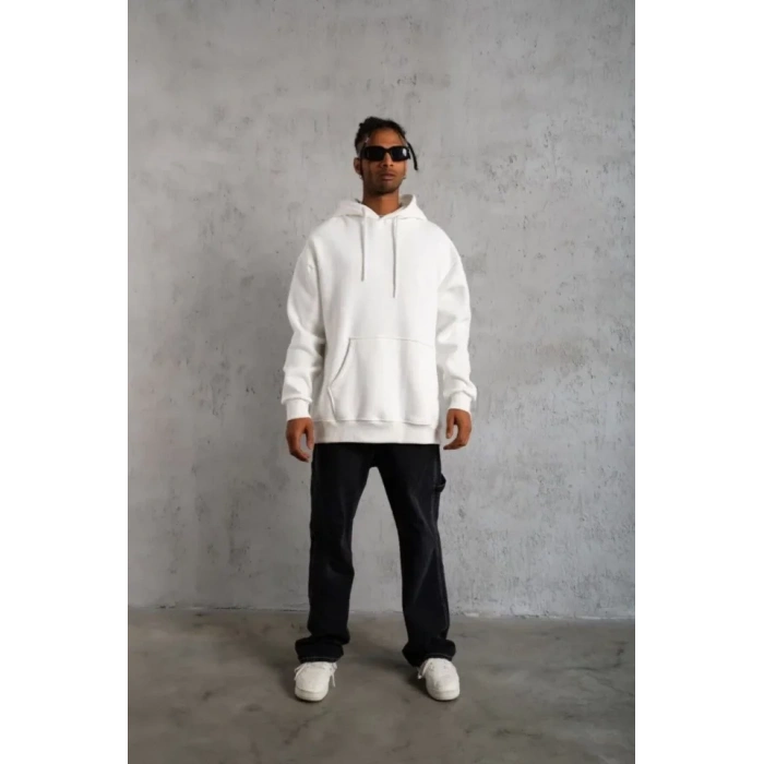 Biçomi 3 İplik Kapşonlu Sweatshirt Hoodie - Beyaz