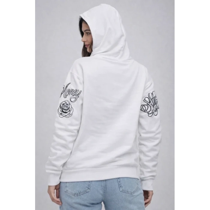 Biçomi 3 İplik Pamuklu Kapüşonlu Baskılı SweatShirt Hoodie - Beyaz