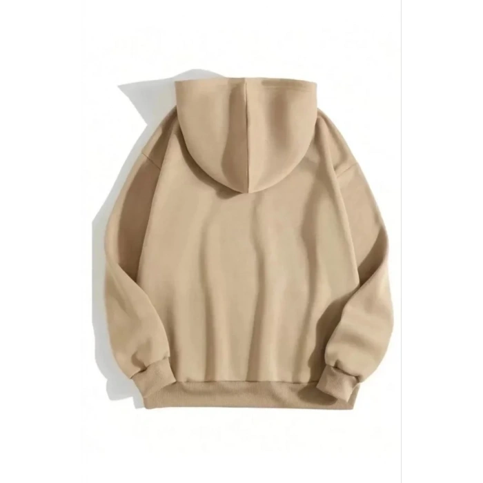 Biçomi 3 İplik Pamuklu Unisex Kapşonlu Sweetshirt - Bej