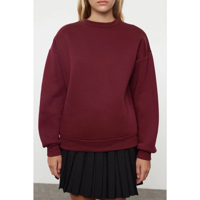 BİÇOMİ 3 iplik şardonlu bisiklet yaka sweatshirt bordo