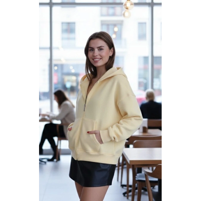 BİÇOMİ 3 iplik şardonlu kapşonlu hoodie frm sarı p510437