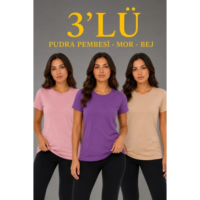Biçomi 3’lü Kısa Kollu Bisiklet Yaka Basic Slim Fit T-Shirt - Pudra Pembe - Mor - Bej