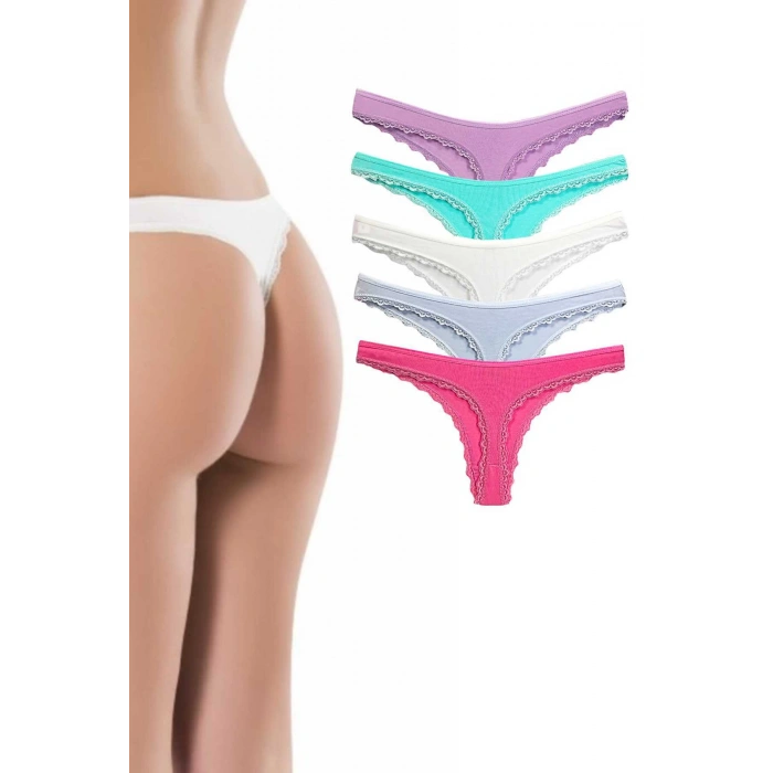 biçomi 5 Adet Pamuklu Kadın Klasik Dantelli String Tanga
