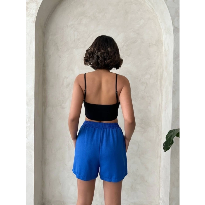 BİÇOMİ Armalı keten şort saks mavisi s251003