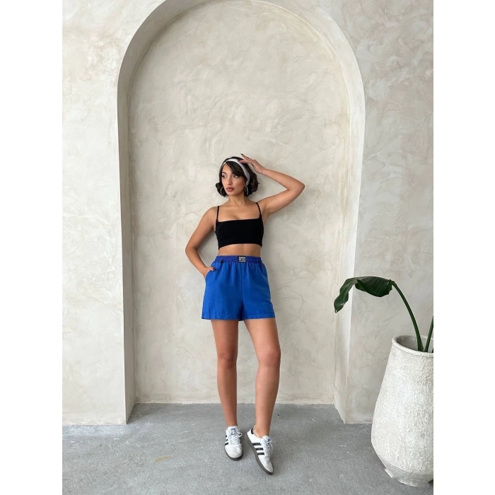 BİÇOMİ Armalı keten şort saks mavisi s251003