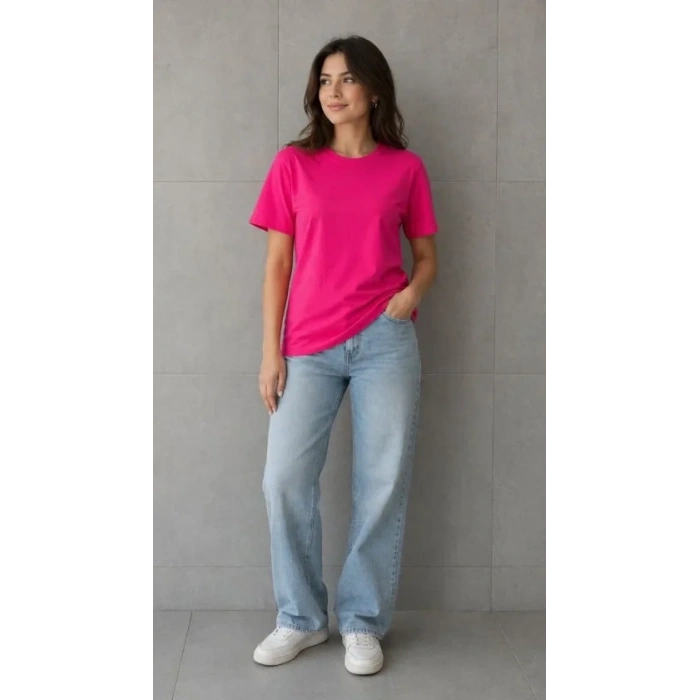 Biçomi Basic Pamuklu Tişört Bisiklet Yaka Düz Renk Relaxed Fit T-Shirt - Fuşya