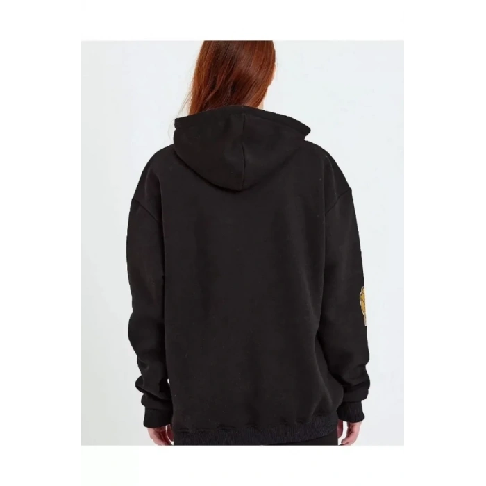 Biçomi Baskılı Kapüşonlu Sweatshirt - Siyah