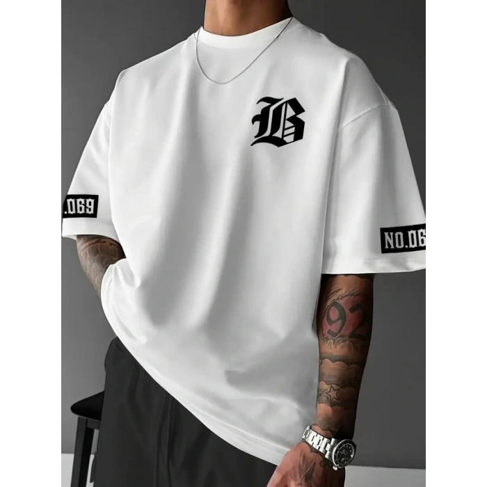 Biçomi Baskılı Oversize Bisiklet Yaka T-shirt - Beyaz